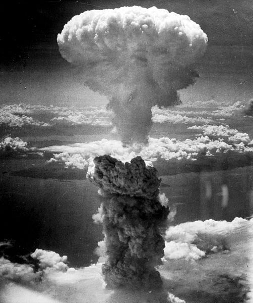 The mushroom cloud produced by the “Fat Man” bomb from the bombing of Nagasaki, Japan.