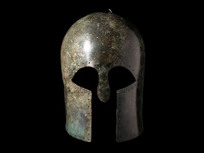 The helmet was made in the Corinthian style, though historians don&#39;t know whether the style actually originated in Corinth.