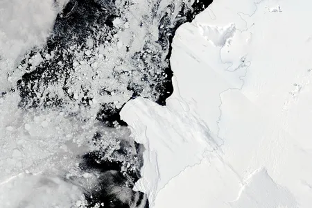 Sea ice forms off the edge of the Brunt Ice Shelf in Antarctica&rsquo;s Weddell Sea.