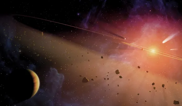 An illustration depicts a large planet orbiting a distant star, amid a cloud of dust and rocky debris.