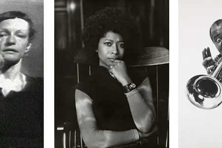 From left: “Left Side Right Side” (still) by Joan Jonas, 1972. Alice Walker by Bernard Gotfryd. Louis Armstrong (detail) by Philippe Halsman.