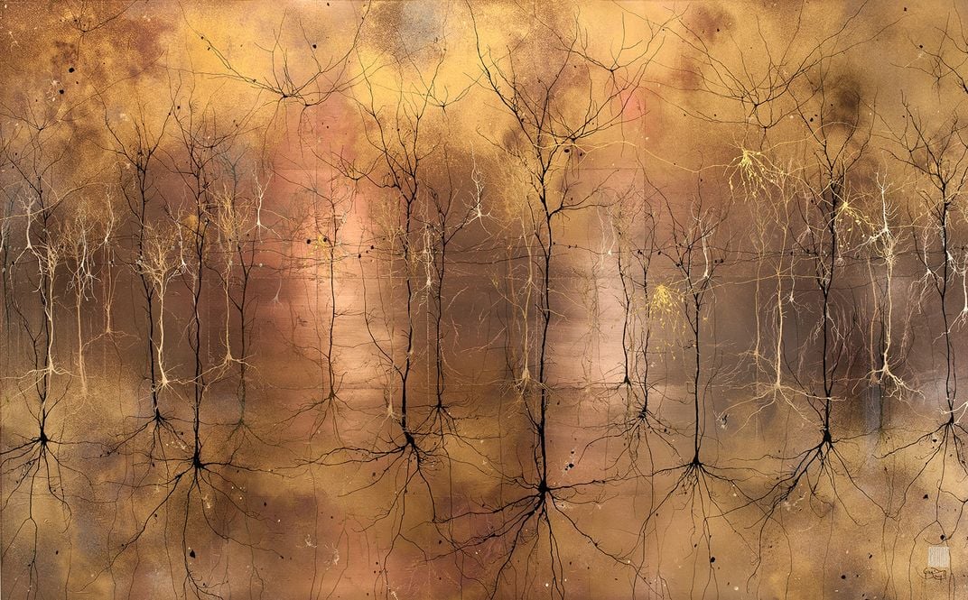 Painting of Gold and Black Neurons Suspended on Gold Background