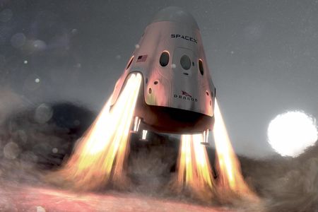 The futuristic art above won’t become real for the commercial crew missions. Time and money constraints led SpaceX to abandon propulsive landing for its Crew Dragon.