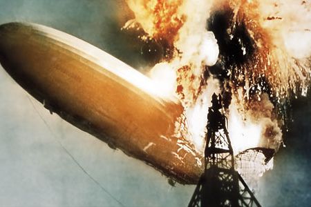 On May 6, 1937, the hydrogen-filled zeppelin burst into flames, shown here in a colorized photo, above a New Jersey field, killing 35 of 97 riders.