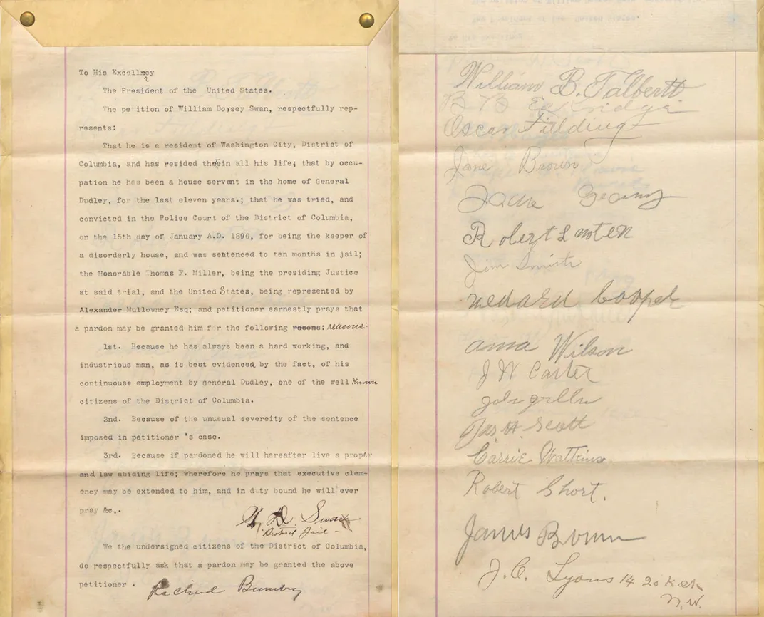 Pages from Swann's petition for a pardon, including a list of signatures