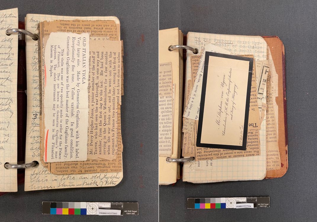 Two photos, both showing an open view of a diary arranged to show diary ephemera.