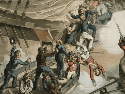 British sailors board a Man of War to recapture the British Hermione in Puerto Cabello, Venezuela, two years after the crew had mutinied. Painting by John Augustus Atkinson; Fry & Sutherland; Edward Orme.