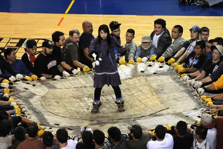 The blanket toss is one of the many events that occur during the annual World Eskimo Indian Olympics in Fairbanks, Alaska. 
