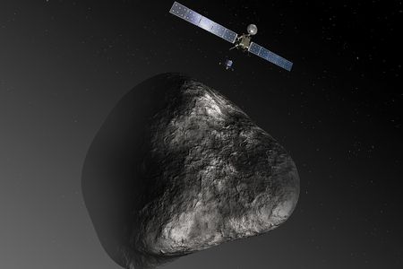 An artist's impression of Philae's landing on Comet 67P. Philae is the small craft beneath the Rosetta orbiter. It detached from Rosetta and landed on the comet on November 12, 2014. Now it may be out of contact forever. 