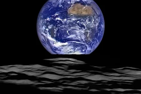 A nearly full Earth rises above the lunar surface, soon to be visited again by American astronauts. 