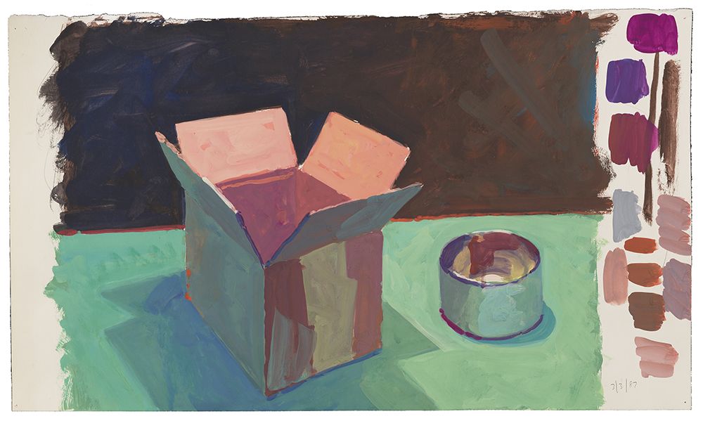 Painting sketch featuring a cardboard box in various shades of red, pink, orange, and blue, beside a small green can or jar with red and blue marks inside of it. Both objects are sitting on a green surface with a dark background, and various colors of pai