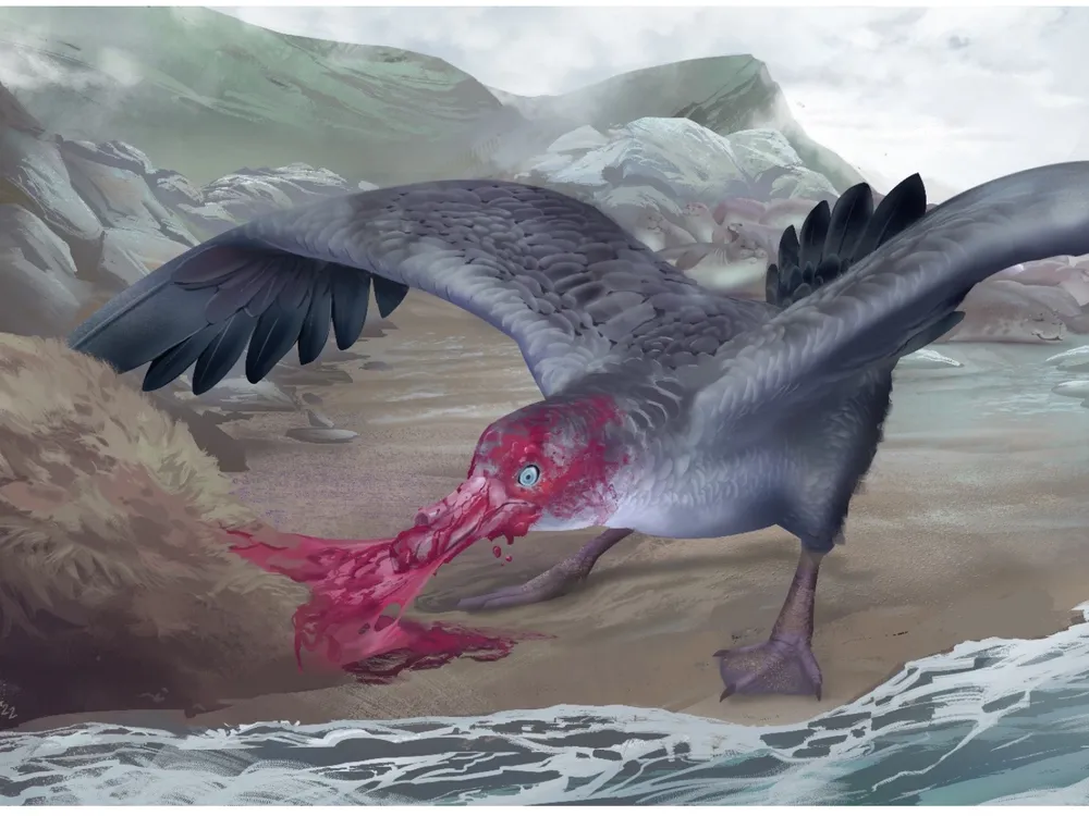 Illustration of large bird with bloody face and beak