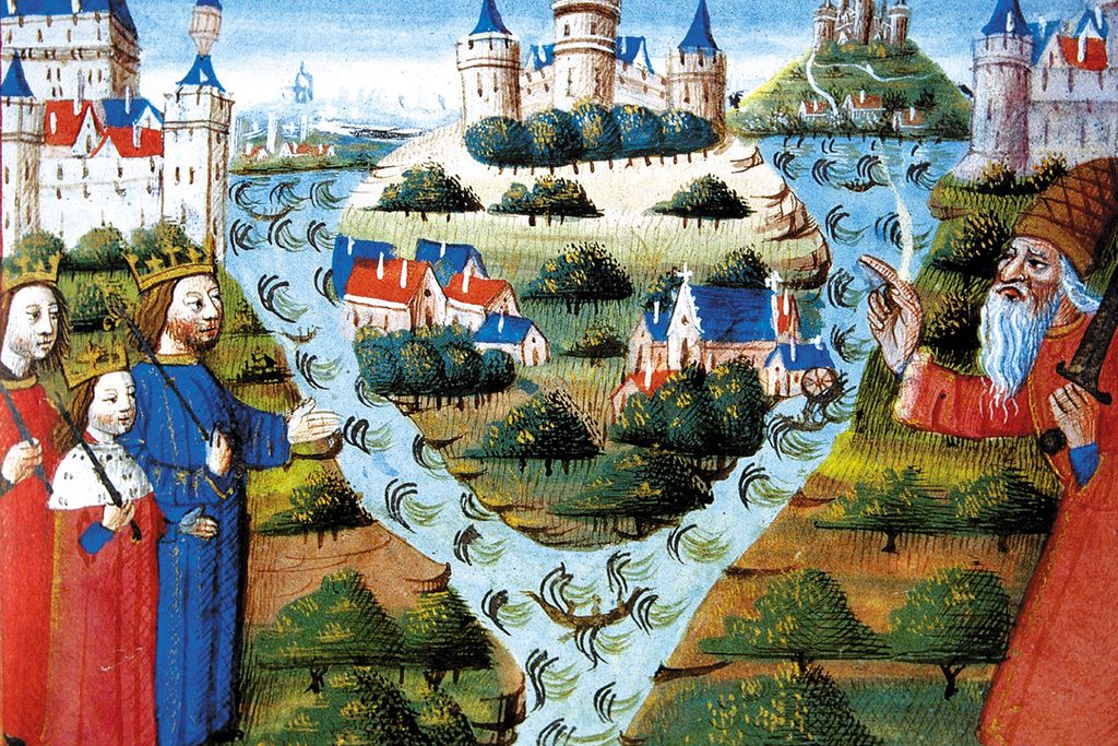 Louis the Pious (right) blessing the division of the Carolingian Empire in 843 into West Francia, Lotharingia, and East Francia