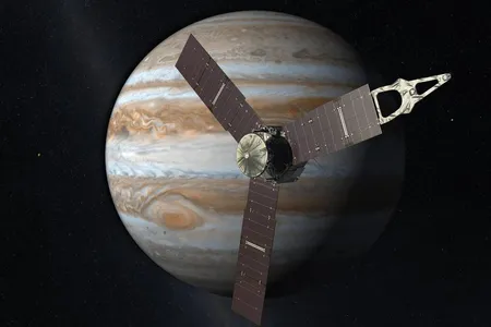 This concept drawing shows Juno in orbit around the solar system's largest planet. 