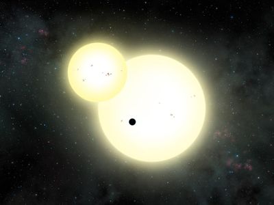 Artist's impression of the simultaneous stellar eclipse and planetary transit events on Kepler-1647. Such a double eclipse event is known as a syzygy.