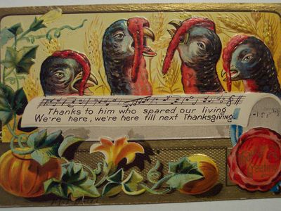 A vintage Thanksgiving postcard featuring pardoned turkeys.
