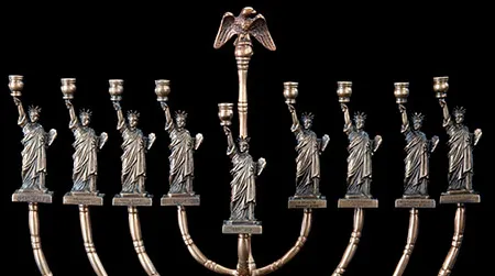 This menorah made by Manfred Anson (1922-2012), an immigrant to the United States celebrates American and Jewish traditions.