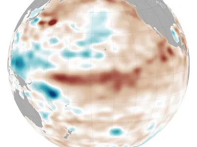 Data from satellites and sensors show the Pacific Ocean conditions in March 2015, including an increase in warm waters (shown in red). The warming has strengthened since then, prompting agencies to declare 2015 an El Niño year.