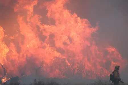 A firefighter works as the Hughes Fire burns north of Los Angeles on January 22.