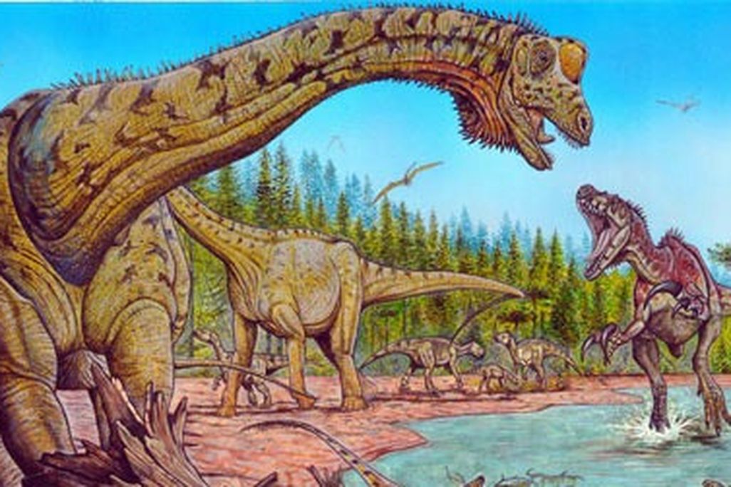 The giant sauropod Futalognkosaurus (at left) with some of its Cretaceous neighbors.