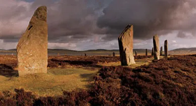 One of the most striking arrays of Neolithic monuments in Britain, the Ring of Brodgar is on the Orkney Islands off the coast of Scotland. Dating from about 2500 B.C., the ring's stones form a perfect circle 340 feet in diameter. (The tallest of the surviving stones is 14 feet high.) A ditch surrounding the ring, dug out of bedrock, is 33 feet wide and 11 feet deep. Archaeologist Colin Renfrew, who partially excavated the site in 1973, estimates the ditch would have required 80,000 man-hours to dig.