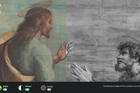 A screenshot of the new V&A; digital tool, which allows viewers to explore high-resolution scans of Raphael's cartoons for his Sistine Chapel tapestry sequence. Here, Jesus speaks to Simon in The Miraculous Draught of Fishes (Luke 5: 1-11).