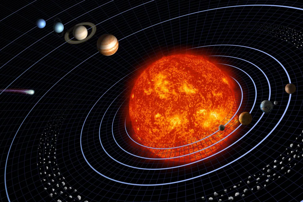 the sun with each of the planets, Earth's moon, the asteroid belt, pluto and a comet all around