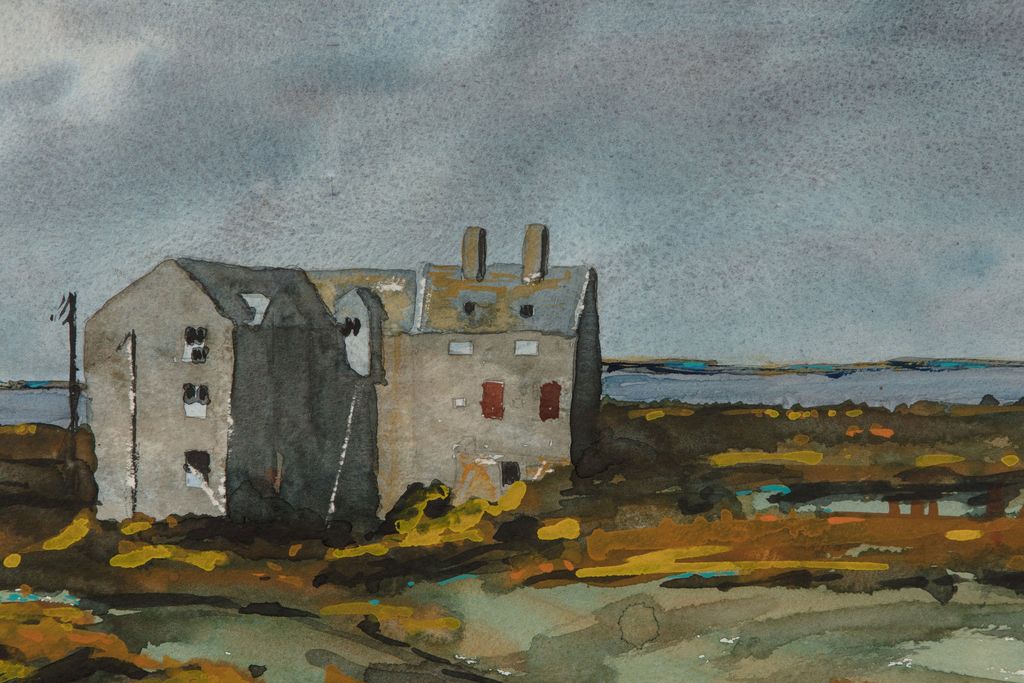 watercolor painting of cloudy day and a gray worn down building overlooking seascape