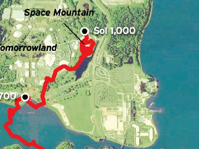 After 1,000 Martian days, Spirit would have finally reached Space Mountain. Click here to see the full-size map.