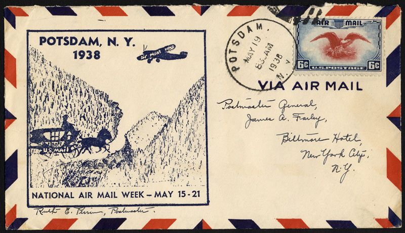 Postmaster Farley did his part to promote airmail on its 20th anniversary. 