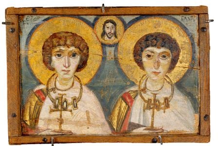 This icon featuring images of Saints Sergius and Bacchus is one of four encaustic paintings on display at the Louvre after being evacuated from Ukraine.