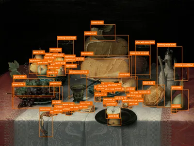 Example predictions of smell-related objects from the object detection models developed by the Odeuropa project computer vision team. Image credits: J.P. Filedt Kok, 2007, &#39;Floris Claesz. van Dijck, Still Life with Cheeses, c. 1615&#39;, in J. Bikker (ed.), Dutch Paintings of the Seventeenth Century in the Rijksmuseum, online coll. cat. Amsterdam: hdl.handle.net/10934/RM0001.COLLECT.8296 (accessed 23 October 2023 11:21:47).

&nbsp;