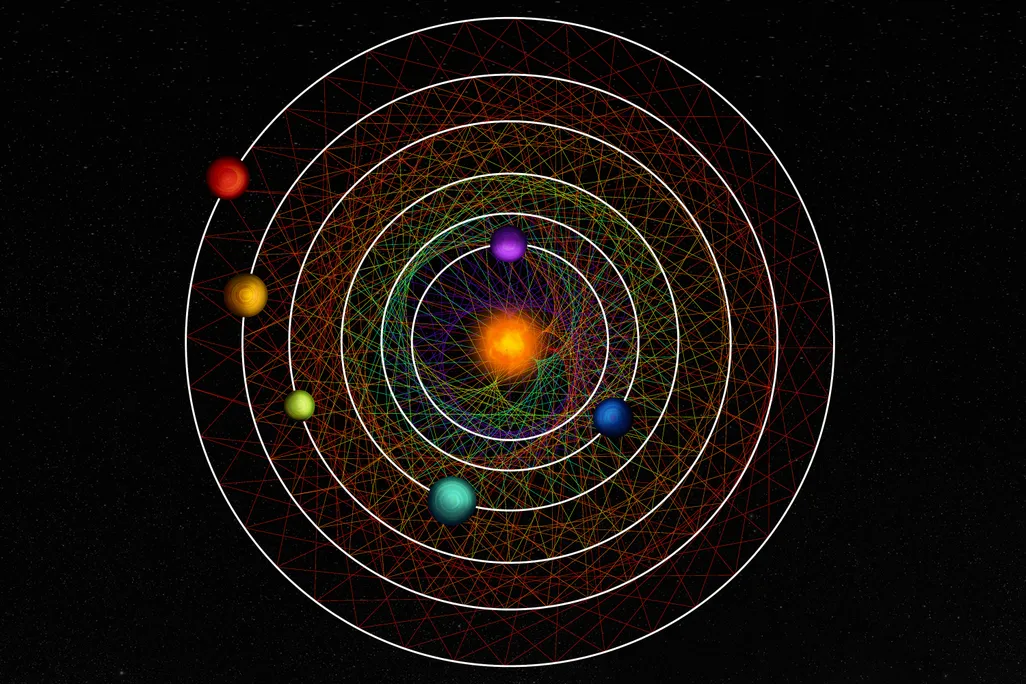 An illustration of different colored planets orbiting a star