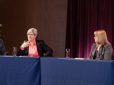 From left to right, panelists Eric Hollinger, Rachel Kyte, Cori Wegener and Melissa Songer discuss ideas for living in the Anthropocene.