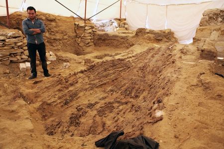 An archeologist surveys the in-progress excavation of an approximately 4,500-year-old boat.