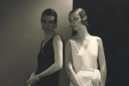 A Steichen photograph of two gowns by Madeleine Vionnet reflects the ease of movement for which Vionnet was known.  The name of the model in white is unrecorded; Marion Morehouse, in black, was one of the photographer's favorite models.