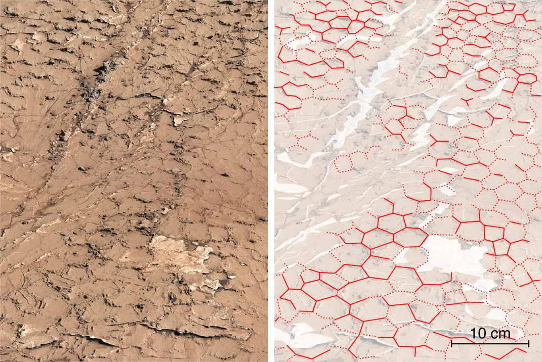 left, hexagonal cracks on mars; right, the same image with a white overlay and red lines tracing the shapes