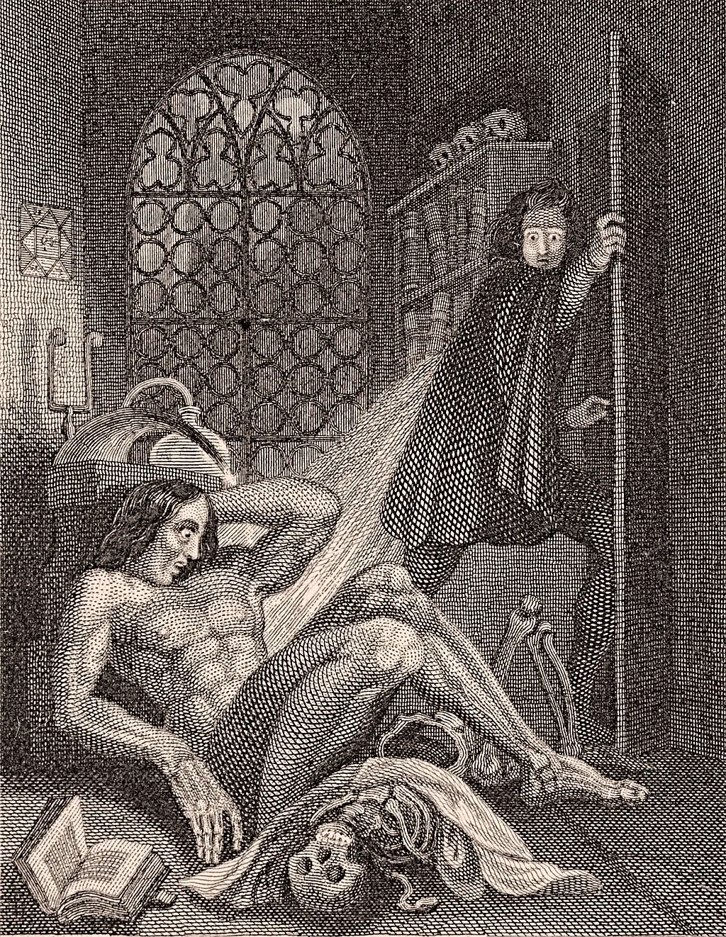 An engraving depicting Frankenstein's monster, a muscular newly formed humanoid, and a terrified Dr Frankenstein who appears to be running out of the room