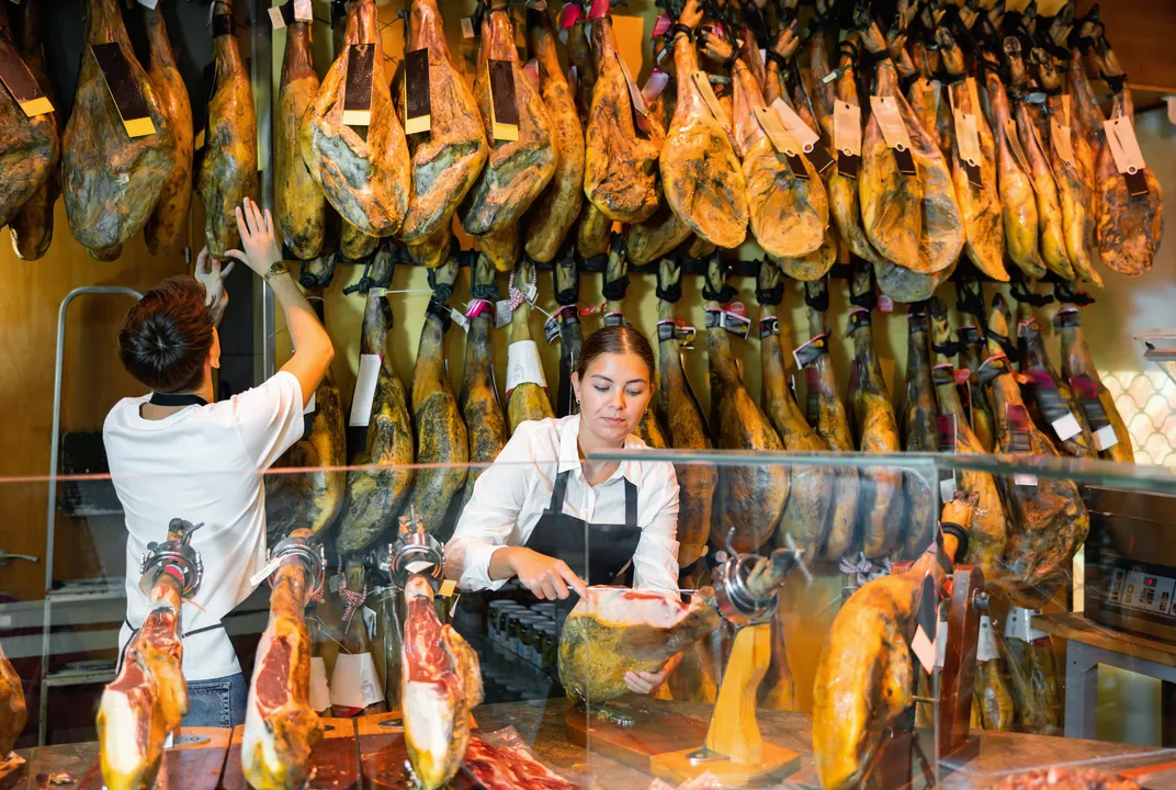 Market stall with the traditional Iberico ham