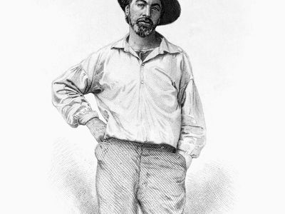 A steel engraving of Walt Whitman in his 30s from the first edition of Leaves of Grass, published in 1855.