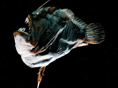 The comparatively massive female anglerfish (Melanocetus johnsonii) with her tiny mate permanently fused to her belly.