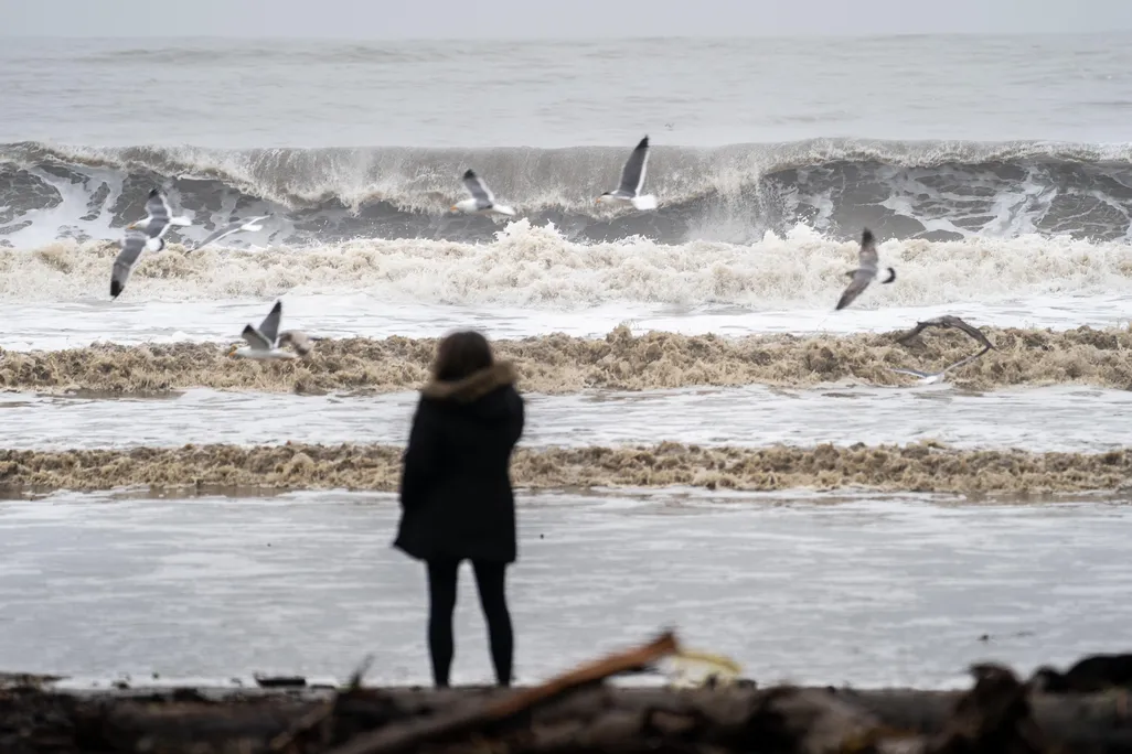 Woman standing on the beach near waves