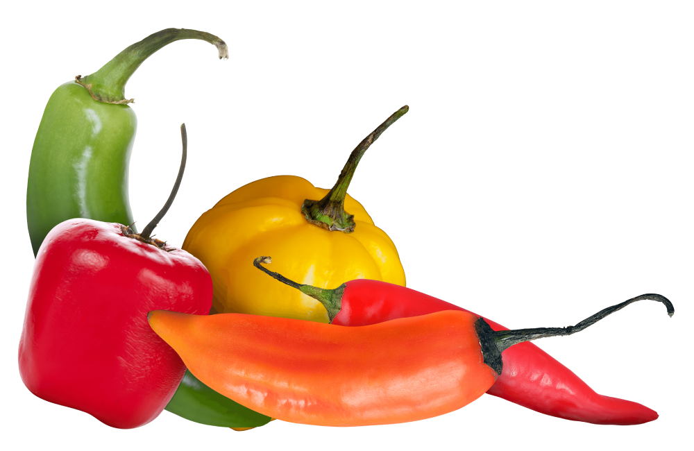 Group of red, yellow, orange, green peppers. (Biomuseo)