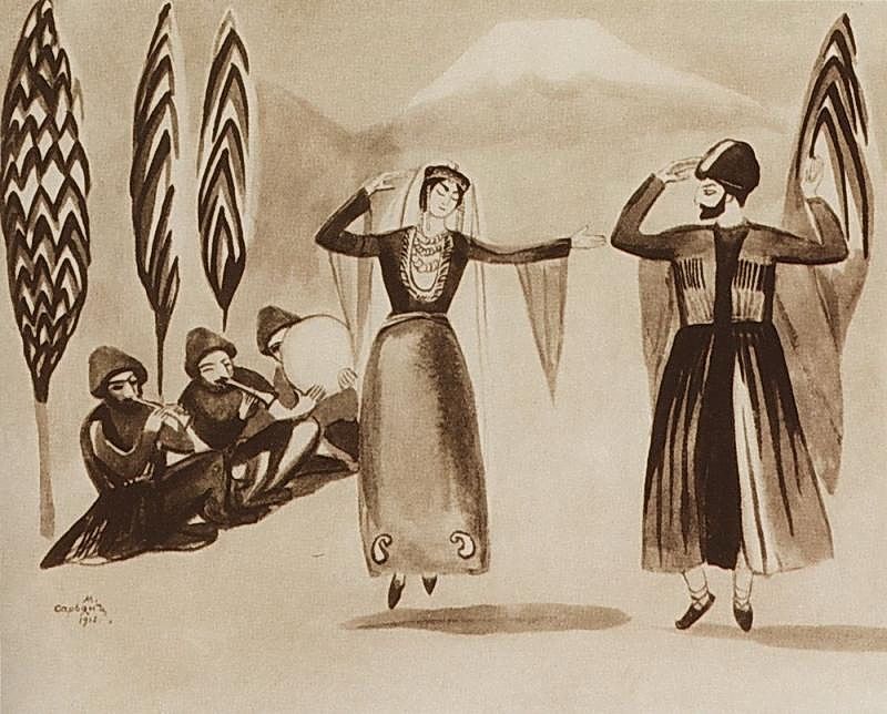 Portrait of traditional Armenian folk dancing amidst a mountainous backdrop