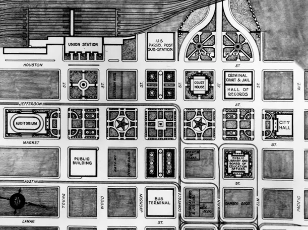 Study for a proposed civic center in Dallas, Texas. Dealey Plaza appears at top right.