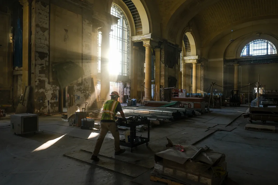 Grand Hall of Michigan Central Station under construction