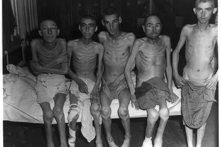 Men liberated from concentration camp, 1945
