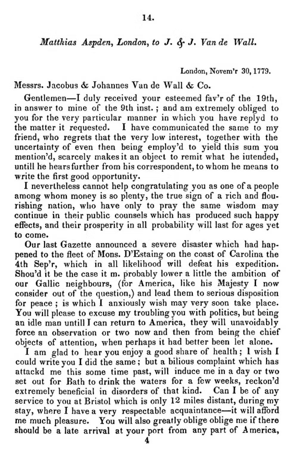 A letter written by Matthias Aspden from London in 1779