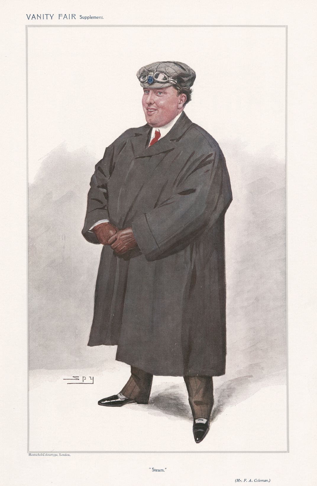 Frederic Coleman, from a 1907 Vanity Fair caricature. The businessman and journalist was a well-known London-based motoring enthusiast when he volunteered.