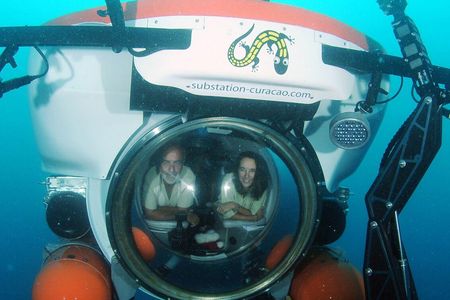 Curasub commissioner/owner Adriaan Schrier and lead DROP scientist Carole Baldwin aboard the custom-built submersible.